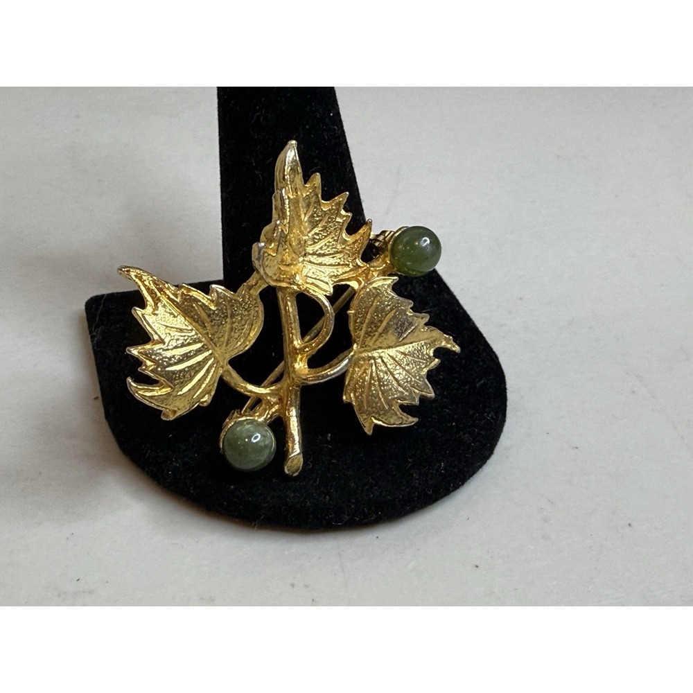 Vintage HOBE Gold Leaf Brooch with Green Stone Berries Pin Ornate Estate